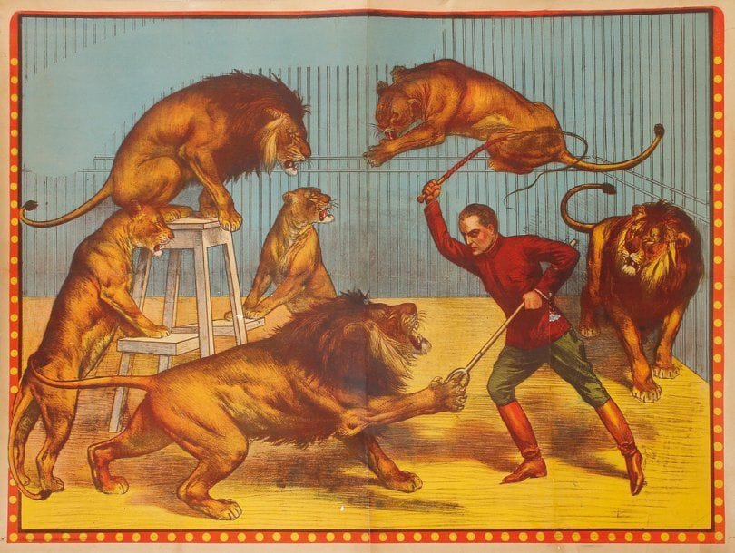 ANONYME
Dompteur et lions. Entoilée. Bon état (pliure). 119 x 158 cm.