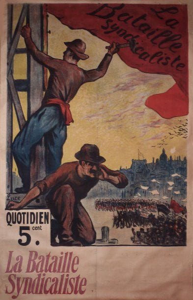 Maximilien LUCE
La bataille syndicaliste – 1911.
Fondé le 27 octobre 1911 - Organe de la CGT qui réunit tous les dessinateurs engagés. Fondateur du Néo-impressionisme avec Signac, il fut très lié aux mouvements anarchistes et socialistes.
Signée en bas à gauche.
Bon état (pliures).
199 x 128 cm
