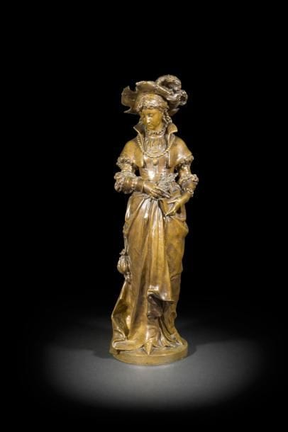 Jean-Louis Grégoire (1840-1890)
Elégante au livre
Bronze à patine brun-clair
Signé « L. Grégoire » sur la terrasse
H : 59 cm
Formé par Samson, Grégoire a étudié à l’École des Beaux-Arts à Paris et a exposé de 1867 à 1889 au Salon des artistes français dont il fut sociétaire. Ses sujets de prédilection sont les portraits et les sujets allégoriques très décoratifs