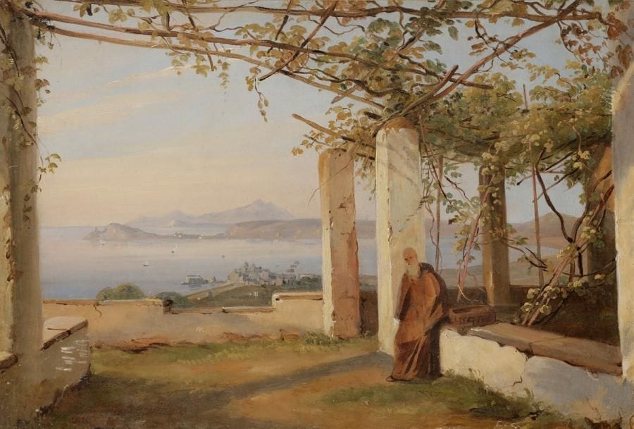 Attribué à Antoine Edmond JOINVILLE (1801 - 1849)
Vue de Vico près de Naples avec un moine 
Toile
26 x 38 cm
Restaurations anciennes 
Sans cadre