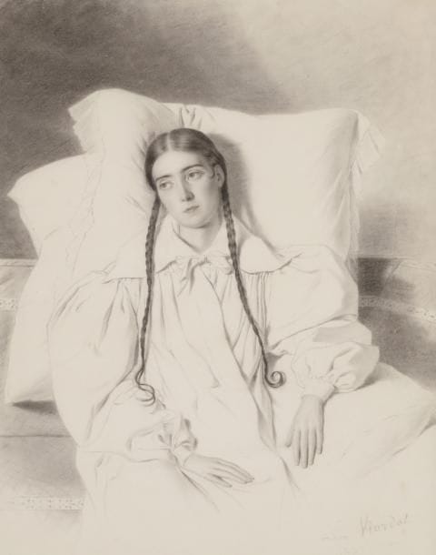 Léon VIARDOT (1805-1900)
Portrait de jeune femme alitée, 1832
Crayon noir, estompe et gommage.
Signé et daté en bas à droite.
41 x 30 cm