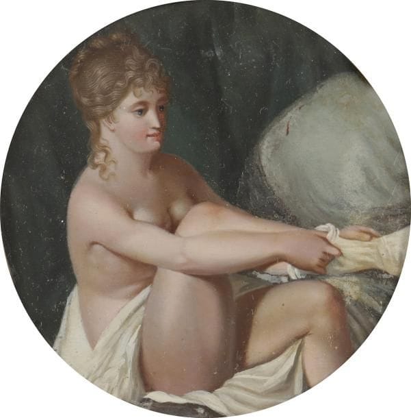 Attribué à Jacques-Antoine VALLIN (1760-1831)
Jeune femme nue assise sur un lit et enfilant un bas, sur fond de rideau vert
Miniature à l’huile sur bois, début du XIXe siècle, diam. 8,5 cm (petits frottements)
Cadre à miniature en bois bruni et visière de laiton, XIXe siècle, rect. 15,5 x 15,2 cm