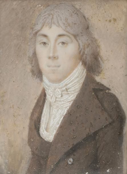 École FRANÇAISE vers 1798-1 800
Portrait d’homme en costume brun à grands revers, cravate blanche entourant le cou, cheveux poudrés, à mi-corps vers la gauche sur fond clair
Miniature sur ivoire, rect. 5,5 x 4,4 cm, cadre carré en bois noirci et visière de laiton doré, H. 10,1 cm. (poussières sous le verre)