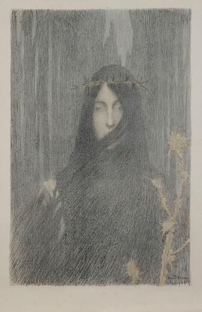 Henri Martin (1860-1943)
Tête de femme, ou Femme couronnée d’épines. 1897. Lithographie. 384 x 495. I.F.F. 2 ; Johnson 78. Impression en couleurs. Belle épreuve sur chine volant, ni signée ni numérotée. Deux courtes déchirures en pied, petites traces de plis et autre courte déchirure au bord droit. Toutes marges. Tirage définitif à 100 épreuves pour l’Album d’Estampes Originales de la Galerie Vollard.
