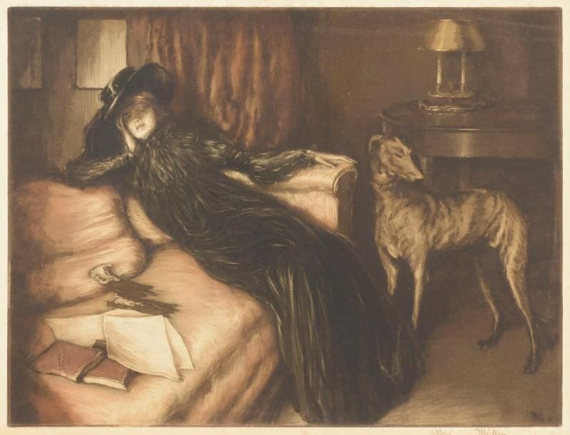 Alfredo Müller (1869-1940)
La Nonchalante. 1903. Aquatinte. Koehl E153. Impression en couleurs. Belle épreuve sur vergé, annotée à la pierre noire « essai » et signée. Légère oxydation aux bords du feuillet. Petite tache d’encre rouge en pied. Rousseurs claires éparses (essentiellement visibles au verso). Petites marges normales. Tirage définitif à 50 épreuves. Ed. Sagot éd. 