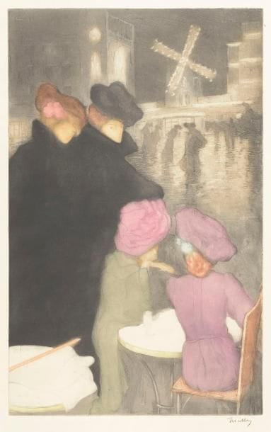 Alfredo Müller (1869-1940)
Place Blanche (Quatre femmes), ou Le Moulin Rouge (effet de nuit). 1899. Eau-forte et aquatinte. 410 x 465. Impression en couleurs. Koehl E 75. Belle épreuve d’un tirage moderne sur vélin fort ivoire, revêtue d’une signature à la pierre noire (non garantie). Deux courtes déchirures et petits accidents au bord gauche. Petit trait d’encre sur le coup de planche en haut à droite. Toutes marges. 