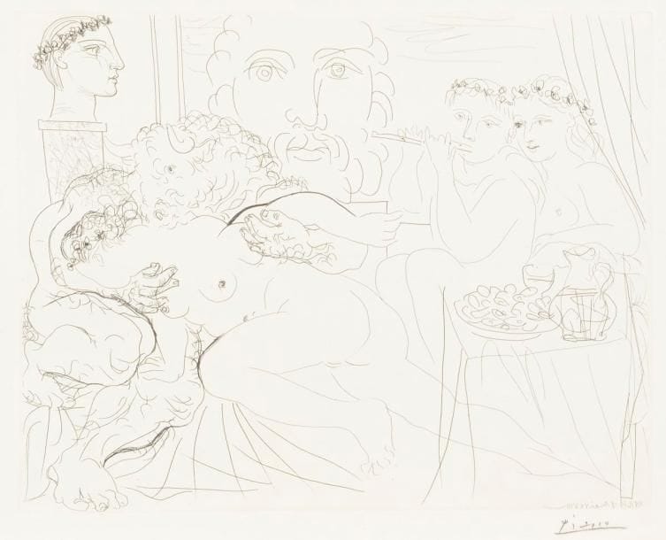 Pablo Picasso (1881-1973)
Minotaure caressant une femme. (Suite Vollard, pl. 84). 1933. Eau-forte. 368 x 297. Bloch 191 ; Geiser-Baer 350. Très belle épreuve sur vergé de Montval filigrané « Picasso », signée au crayon, l’une des 260 du tirage à petites marges [450 x 340]. Dans l’angle inférieur gauche, numéro « 354 » au crayon de la main du marchand H.-M. Petiet. Infime déchirure habilement restaurée en tête du feuillet. Infime accroc à peine perceptible dans le sujet en surface.