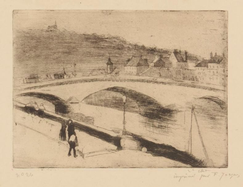 Camille Pissarro (1830-1903)
Le Pont de pierre, à Rouen. 1887. Pointe sèche. 198 x 149. Delteil 66. Très belle épreuve sur vergé fort, justifiée « n° 26 » puis annotée au crayon par l’artiste : « 2e état / imprimé par F. Jacque », non signée. Quelques points de rouille marginaux. Toutes marges. Rare. Tirage à env. 30 épreuves. 