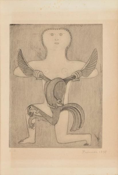 Anton Prinner (1902-1983)
Femme au coq. 1938. Eau-forte. 207 x 268. Belle épreuve sur vélin fort, justifiée « E.A. », signée et datée au crayon. Traces d’oxydation et empoussiérage. Toutes marges. 