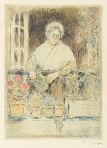 Jean-François Raffaëlli (1850-1924)
The Old Lady’s Garden (Le Jardin de la vieille fille). 1894. Eau-forte et pointe sèche. 231 x 315. Delteil 18. Intéressante réunion de 5 épreuves du 1er au 5e état (décomposition des couleurs), reliées. Très belles épreuves sur vélin, justifiées et signées à la plume et à l’encre. Fin pli oblique dans l’angle inférieur gauche à l’épreuve définitive. Toutes marges. Reliure moderne à coins, défraîchie, dos à titre doré.
