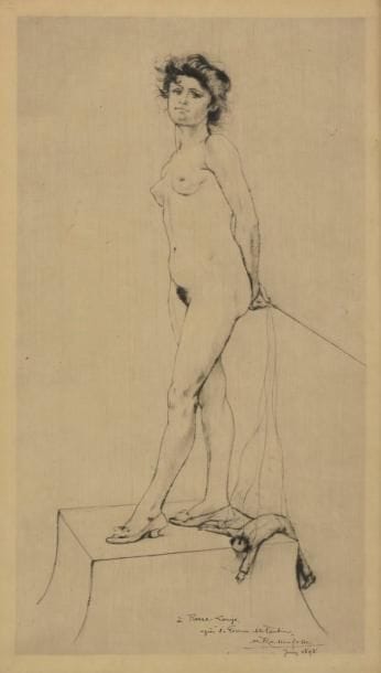 Armand Rassenfosse (1862-1934)
La Femme et le pantin. 1898. Pointe sèche. 172 x 307. Rouir 383. Belle épreuve sur japon mince, légèrement oxydée, du 2e état (sur 3), avant le texte gravé sur le socle et avant le monogramme, portant en pied du sujet à la plume et à l’encre la dédicace « à Pierre Louys, après ‘La Femme et le Pantin’ », signée et datée « Juin 1898 ». Cadre. 