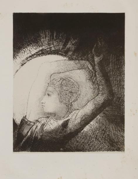 Odilon Redon (1840-1916)
Une femme revêtue du soleil… (Pl. pour L’Apocalypse de saint Jean). 1899. Lithographie. 228 x 285. Mellerio 179. Belle épreuve sur chine appliqué. Fortes rousseurs sur le support. Toutes marges. 