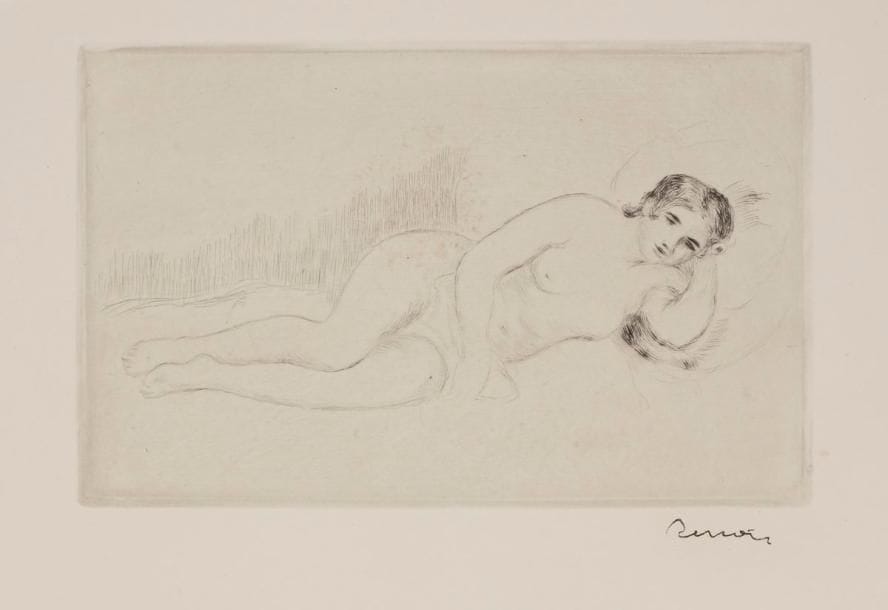 Pierre-Auguste Renoir (1841-1917)
Femme nue couchée (tournée à droite) (1re pl.). Vers 1906. Pointe sèche. 198 x 129. Delteil, Stella 13. Très belle épreuve sur vélin crème fort, timbrée (Lugt 2137b). Quelques rares rousseurs claires. Petites taches brunâtres à l’extrême bord du feuillet. Toutes marges.