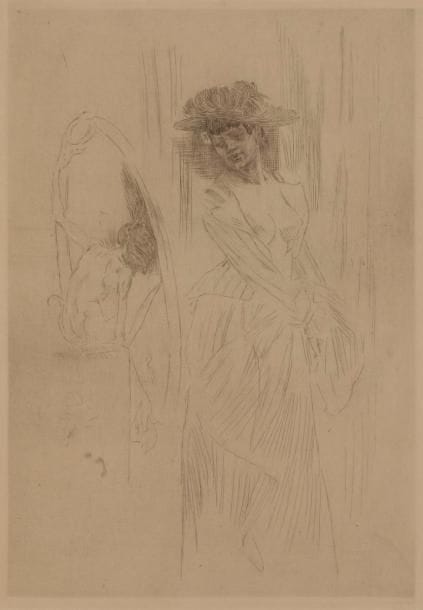 Félicien Rops (1833-1898)
Miroir de coquetterie II. Eau-forte. 198 x 280. Exsteens 410 ; Rouir 929. Belle épreuve sur vergé. Double trace d’oxydation hors du sujet. Restes d’onglet aux bords du feuillet au verso. Toutes marges. Ex-coll. E. Rodrigues (Lugt 897). 