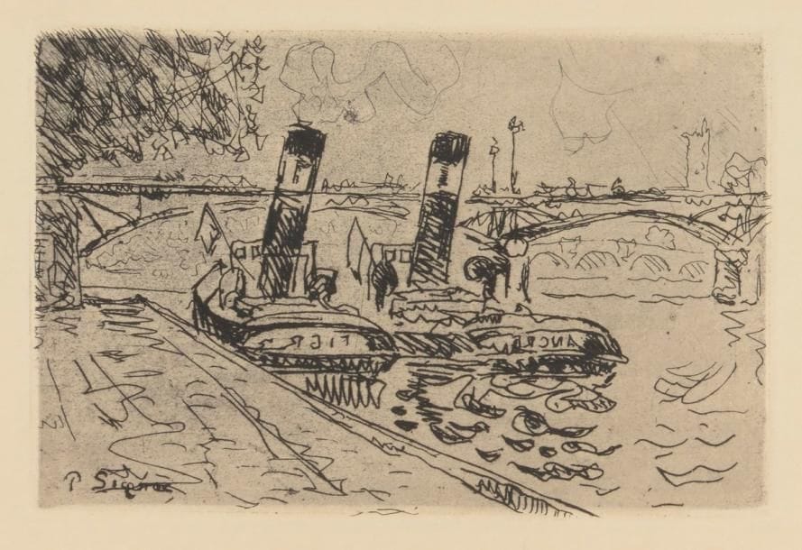 Paul Signac (1863-1935)
Le Pont des arts avec remorqueurs. 1927. Eau-forte. 190 x 125. Kornfeld et Wick 24. Parfaite épreuve sur japon fort. Petites épidermures en tête au verso. Toutes marges.