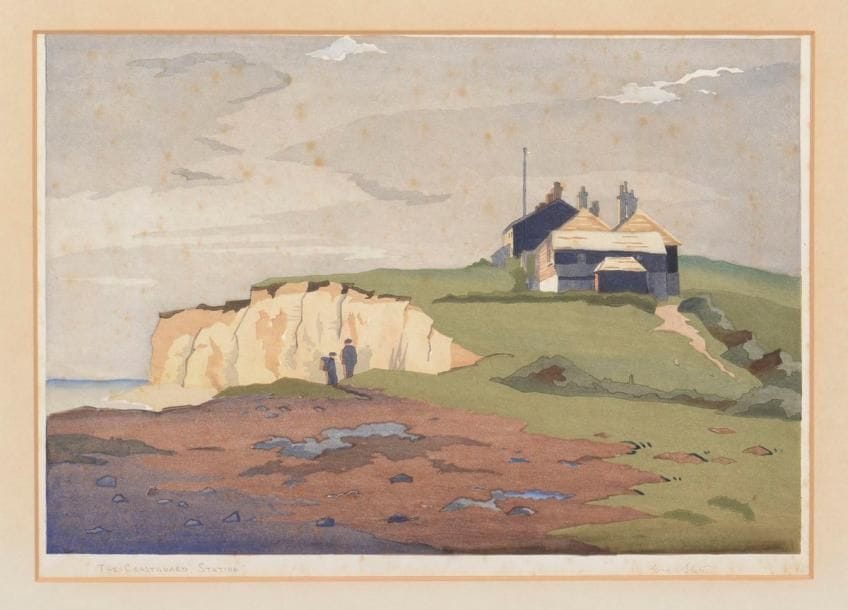 Eric Slater (anglais, 1896-1963)
The Coastguard Station (Sussex). Vers 1930. Bois gravé. 325 x 225. Impression en couleurs à l’eau à la manière japonaise. Très belle épreuve sur vélin mince, collée sous passe-partout, titrée et signée au crayon. Rousseurs claires éparses. Marges. 