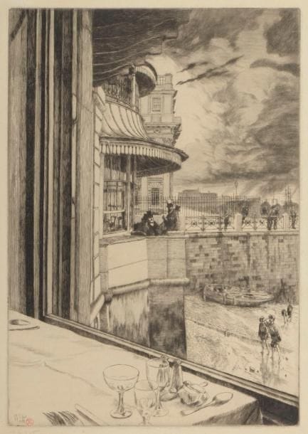 James-J.-J. Tissot (1836-1902)
Trafalgar Tavern. 1878. Pointe sèche. 250 x 355. Wentworth 36. Belle épreuve sur vergé, timbrée (Lugt 1545) et signée au crayon. Léger empoussiérage marginal. Déchirure oblique de 45 mm sommairement consolidée dans l’angle supérieur gauche. Toutes marges. 