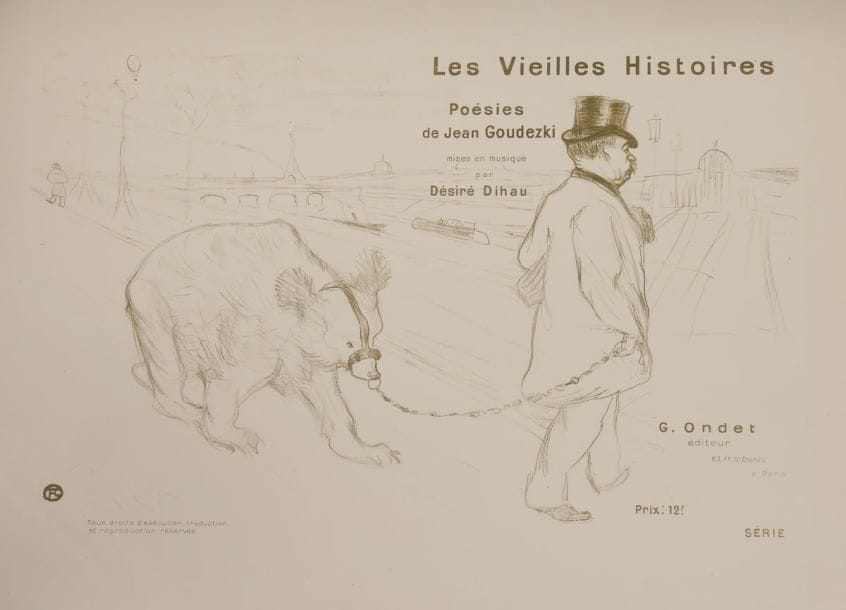 Henri de Toulouse-Lautrec (1864-1901)
Les Vieilles Histoires, couverture-frontispice. 1893. Lithographie. [620 x 462]. Delteil 18 ; Wittrock 5. Impression en vert olive. Très belle et fraîche épreuve sur vélin crème, du 1er tirage, avec le texte lithographié. Bandes claires d’oxydation uniquement visibles aux bords du feuillet au verso. Toutes marges. 
