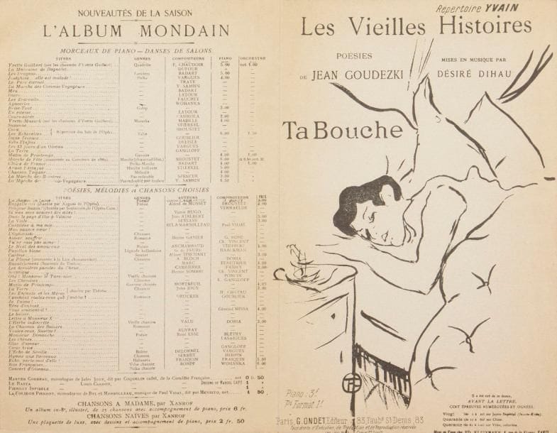 Henri de Toulouse-Lautrec (1864-1901)
Ta bouche. 1893. Lithographie. [347 x 270]. Delteil 21 ; Wittrock 7. Belle épreuve avec la lettre, illustrant la couverture d’un double feuillet comprenant la mélodie et les paroles de la poésie de J. Goudezki, mise en musique par D. Dihau. 
