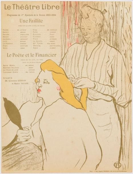Henri de Toulouse-Lautrec (1864-1901)
Une faillite ; Le Poète et le financier (pièces respectivement de B. Björnson et J. Lemaire et de M. Vicaire). Programme pour le Théâtre Libre. 1893. Lithographie. [240 x 320]. Delkteil 14 ; Wittrock 15 (sous le titre Le Coiffeur) ; Aitken 22. Impression en couleurs. Très belle épreuve sur vélin crème, doublée sur vélin blanc fort. Quelques rousseurs éparses. Toutes marges. 
