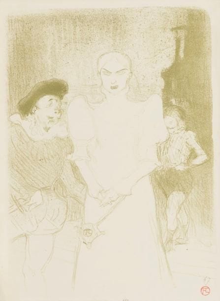 Henri de Toulouse-Lautrec (1864-1901)
À l’Opéra : Madame Caron dans « Faust ». 1893. Lithographie. 260 x 355. Delteil 49 ; Wittrock 39. Impression en vert olive. Très belle épreuve sur vélin glacé, numérotée au crayon et timbrée (Lugt 1338). Restes d’anciens onglets de montage au bord gauche au verso (perceptibles au recto). Toutes marges. Tirage à 100 épreuves. Édition de L’Escarmouche. 