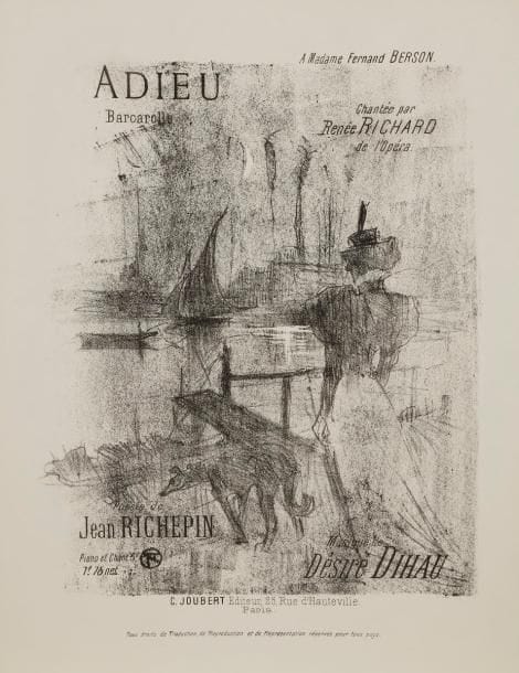 Henri de Toulouse-Lautrec (1864-1901)
Mélodies de Désiré Dihau : Adieu (2 épr.) ; Les Papillons ; L’Hareng saur ; Étoiles filantes ; Achetez mes belles violettes ; Berceuse. 1895. Lithographie. Formats divers. Delteil 129, 133, 134, 136, 140, 141 ; Wittrock 124, 128, 129, 131, 135, 136. Très belles épreuves sans la partition musicale, sur différents papiers. Petits accidents et déchirures aux bords de certains feuillets. Toutes marges. Joint : Pour Toi ! 1893. Lithographie. 195 x 272. Wittrock 6. Parfaite épreuve sur chine volant, avec le texte de justification de tirage. Toutes marges. Ens. 8 p.