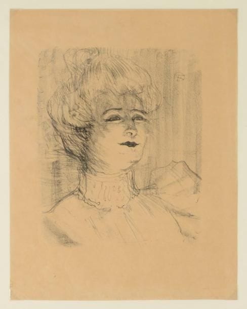 Henri de Toulouse-Lautrec (1864-1901)
Marie-Louise Marsy. 1898. Lithographie. 235 x 295. Delteil 158 ; Wittrock 260. Très belle épreuve sur japon, l’indentation de la pierre très visible. Infimes rousseurs et courts plis cassés dans l’angle inférieur gauche. Traces de plis obliques le long du bord droit. Toutes marges. Cadre. 