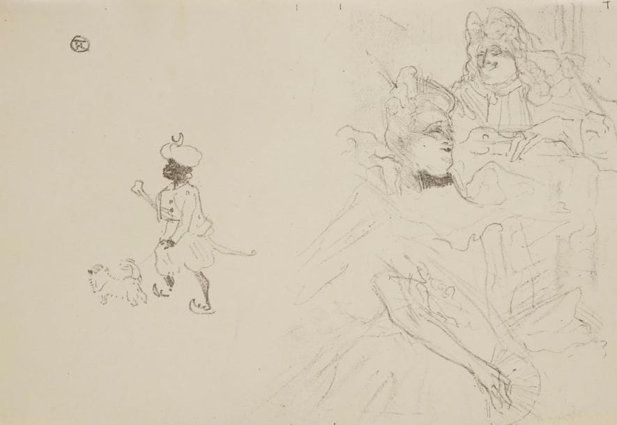 Henri de Toulouse-Lautrec (1864-1901)
Couverture pour L’Exemple de Ninon de Lenclos amoureuse, par J. de Tinan. 1898. Lithographie. [280 x 190]. Delteil 230 ; Wittrock 288. Très belle épreuve du 1er état (sur 2), avant la lettre, sur simili-japon. Toutes marges. Rare. Tirage à 30 épreuves environ. Ex-coll. H.-M. Petiet (Lugt 5031).