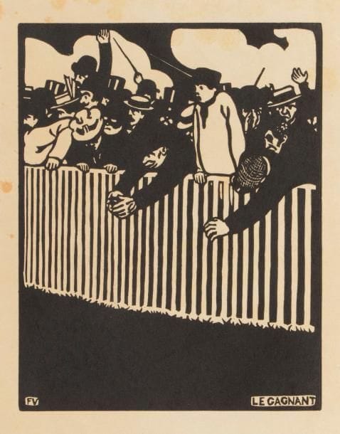 Félix Vallotton (1865-1925)
Le Gagnant. 1898. Bois gravé. 178 x 224. Vallotton et Goerg 201 ; Johnson 146. Belle épreuve sur japon, non signée comme à l’ordinaire. Fortes rousseurs marginales. Toutes marges non ébarbées. A. Vollard éd.