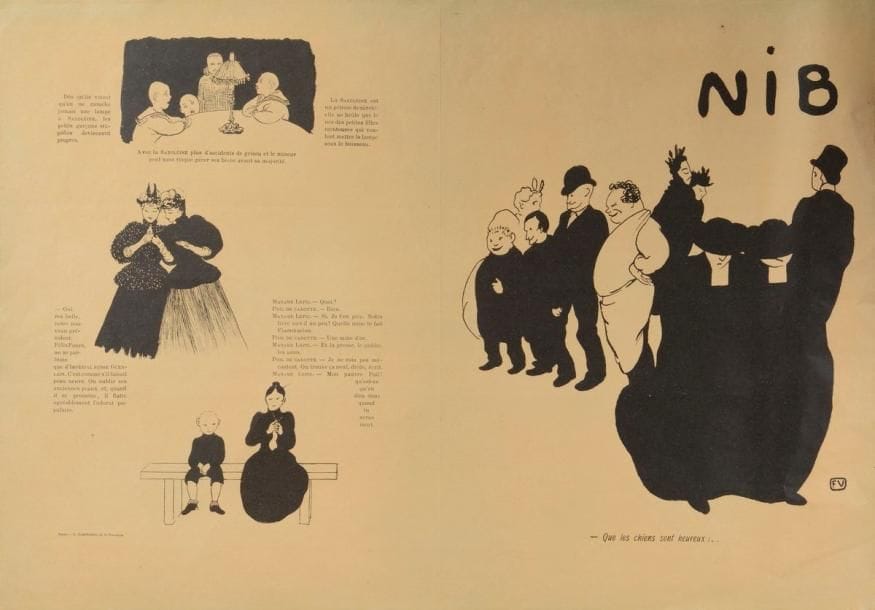 Félix Vallotton (1865-1925) (d’après)
Nib n° 2. Supplément à la Revue blanche du 15 février 1895. Dessins de Félix Vallotton commentés par Jules Renard. Zincographie et texte typographié sur feuillet de vélin mince chamois remplié. [503 x 353]. Ex. très frais. 