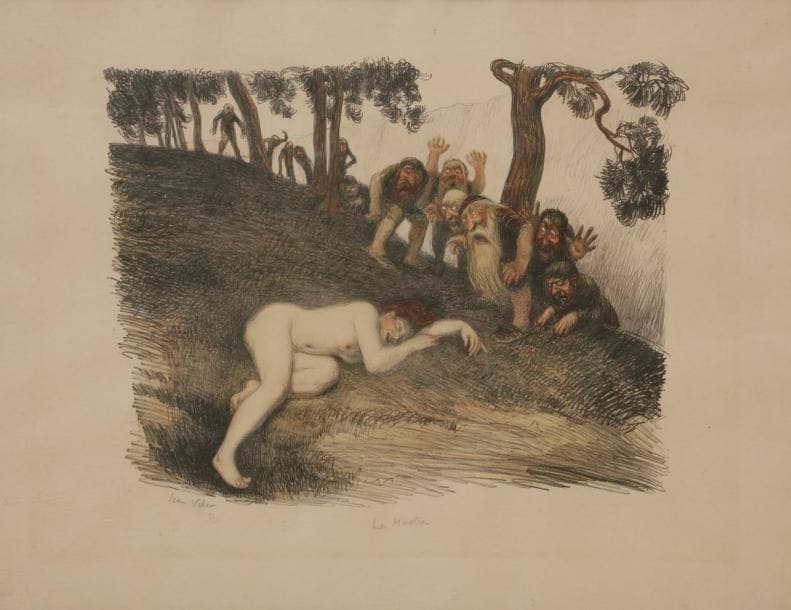 Jean Veber (1864-1928)
Le Monstre. 1907. Lithographie. 380 x 293. Veber et Lacroix 51. Impression en couleurs. Très belle et fraîche épreuve sur japon, signée, numérotée et titrée au crayon. Toutes marges non ébarbées. Tirage à 125 épreuves. Cadre.