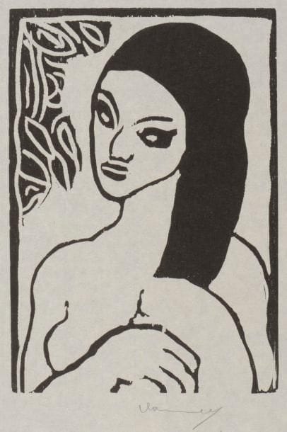 Maurice de Vlaminck (1876-1958)
Jeune fille se coiffant. 1906. Bois gravé. 223 x 320. Walterskirchen 3. Très belle et fraîche épreuve sur japon vergé mince, du tirage de 1957 à 100 épreuves, signée au crayon, non numérotée. Quelques plis de manipulation. Toutes marges. Timbre sec : Bodensee Verlag, Amriswil. 