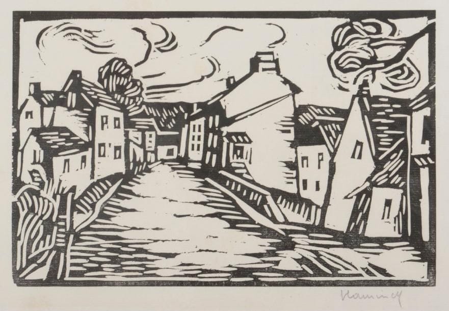 Maurice de Vlaminck (1876-1958)
Rue à Louveciennes. 1914. Bois gravé. 245 x 165. Walterskirchen 20. Très belle épreuve sur vergé blanc, signée au crayon. Très claire trace d’oxydation autour du sujet. Toutes marges. Tirage à 30 épreuves.