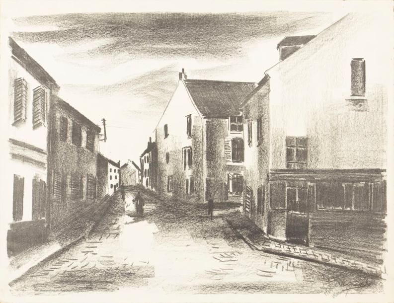 Maurice de Vlaminck (1876-1958)
Une rue à Pontoise. 1921. Autographie. 638 x 475. Walterskirchen 2. Très belle épreuve sur vélin fort, dédicacée et signée au crayon. Oxydation au verso du feuillet. Toutes marges. Tirage définitif à 50 épreuves. Timbre sec : Ed. Sagot éditeur, Paris (Lugt 2254). 