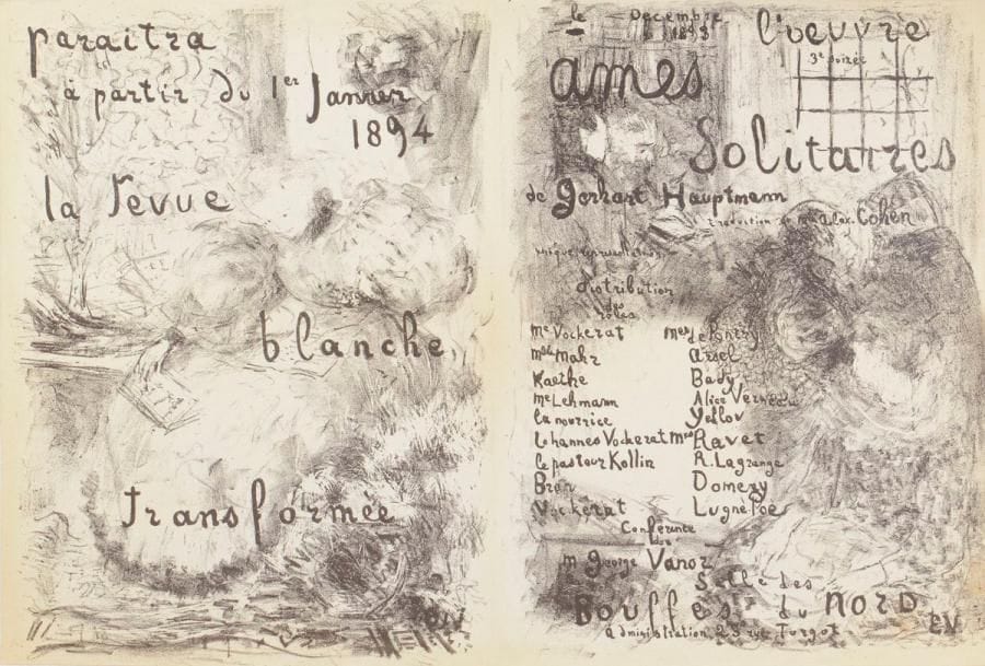 Édouard Vuillard (1868-1940)
Âmes solitaires de G. Hauptmann. Programme pour les Bouffes du Nord. 1893. Lithographie. [482 x 325]. Roger-Marx 19 ; Aitken 60. Très belle épreuve sur vélin mince crème, doublée sur vélin blanc fort. Pli vertical médian légèrement perceptible. Toutes marges. 