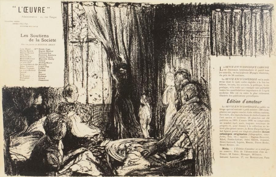 Édouard Vuillard (1868-1940)
Les Soutiens de la société. Programme pour le Nouveau Théâtre. 1896. Lithographie. [500 x 320] Roger-Marx 24 ; Aitken 85. Très belle épreuve sur vélin mince crème, doublée sur vélin blanc fort. Pli vertical médian légèrement perceptible. Toutes marges.