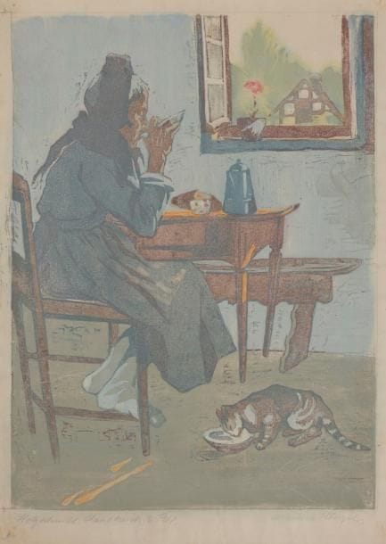 Martha Wenzel (1859-1943)
Vieille femme buvant son bol de café auprès de son chat. Vers 1920. Bois gravé. 330 x 445. Impression en couleurs à l’eau à la manière japonaise (au moyen de 6 blocs de bois). Très belle épreuve sur japon vergé, annotée « Holzschnitt Handdruck 6 Pltt » et signée. Traces de plis marginaux, plus marquées dans les angles du feuillet. Quelques rousseurs claires. Toutes marges. 
