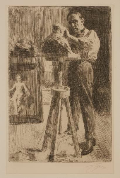 Anders Zorn (1860-1920)
Le Prince Paul Troubetskoy, sculpteur. 1908. Eau-forte. 196 x 297. Asplund 218. Très belle épreuve sur vergé crème, signée au crayon. Trace claire d’oxydation à l’ouverture d’un ancien passe-partout. Toutes marges non ébarbées. 