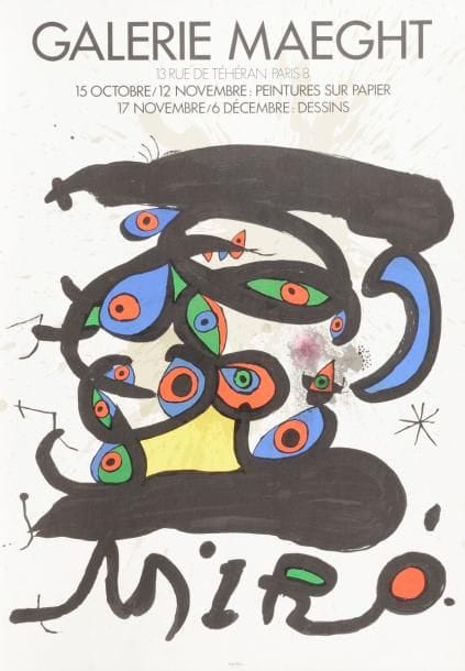 Un lot d’affiches pour la Galerie Maeght par Calder, Miró et Tàpies. Lithographie. Formats divers. Très belles épreuves sur vélin blanc. Quelques traces de plis et menues salissures. Toutes marges. Ens. 4 p.