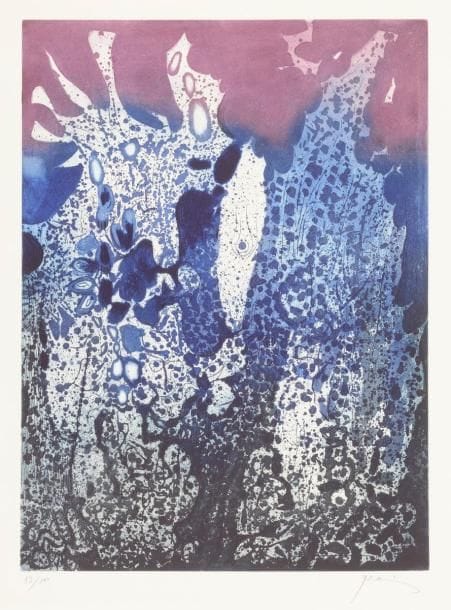 Un lot par Mario Prassinos (3) et Alekos Fassianos (2). 1964-1971. Aquatinte ; eau-forte. Très belles épreuves, les 3 premières imprimées en couleurs, signées et numérotées au crayon. Très claire trace d’oxydation en pied aux 2 dernières. Toutes marges. Ens. 5 p.