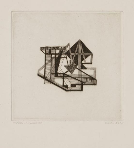Pierre Courtin (1921-2012)
31 juillet 1948. Burin. 130 x 130. Putman 48. Très belle épreuve sur vélin blanc fort, annotée au crayon « 3eme état 31 juillet 1948 », signée et numérotée. Petits restes de papier gommé aux bords du feuillet au verso. Petite trace d’oxydation en tête. Toutes marges. Tirage à 30 épreuves. 