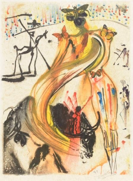 Salvador Dalí (1904-1989)
Bullfighter. 1972. Lithographie. 530 x 705. Michler et Löpsinger 1358. Impression en couleurs. Très belle épreuve sur japon nacré, numérotée et revêtue d’une signature au crayon. Infimes traces de plis aux bords du feuillet. Toutes marges. Tirage à 250 épreuves. 