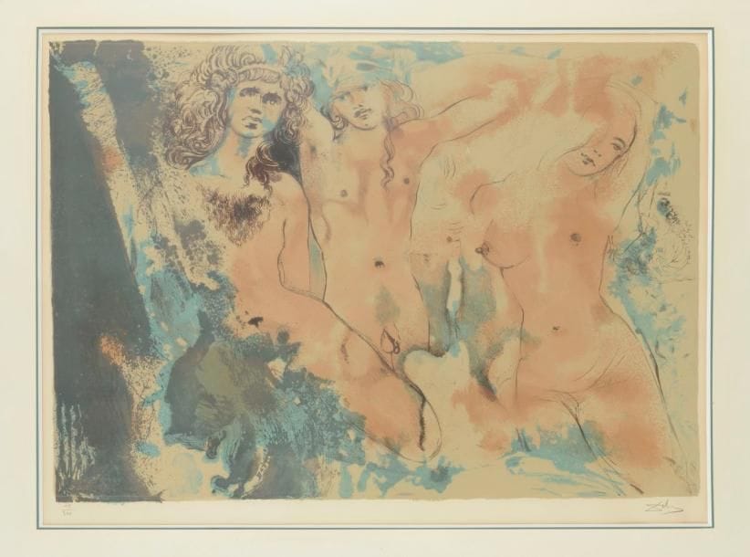 Salvador Dalí (1904-1989) (d’après)
Happy Days (Trois Hippies). 1970. Lithographie par Desjobert et pointe sèche par les ateliers Rigal. 785 x 560. Michler et Löpsinger 388. Impression en couleurs. Belle épreuve sur vélin, numérotée et revêtue d’une signature au crayon. Oxydation du feuillet. Marges. Tirage à 300 épreuves. Cadre.
