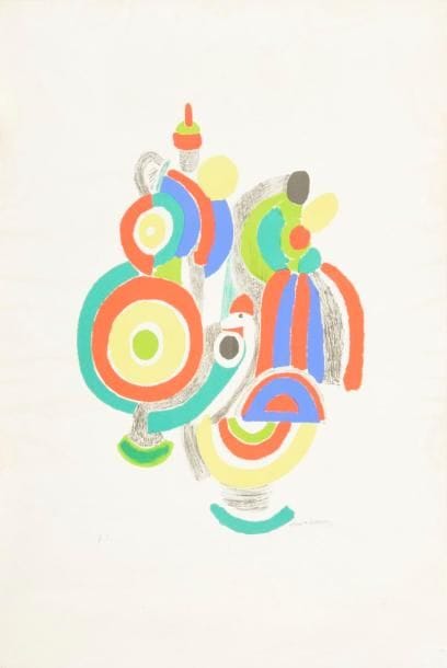 Sonia Delaunay-Terk (1885-1979)
Les Jouets portugais. Vers 1970. Lithographie (d’après une gouache de 1916). 318 x 475. Impression en couleurs. Très belle épreuve sur vélin, justifiée « H.C. » et signée au crayon. Petites coulures claires et ondulations aux bords latéraux du feuillet. Deux petits trous dans l’angle inférieur droit. Toutes marges. Tirage définitif à 100 épreuves. 