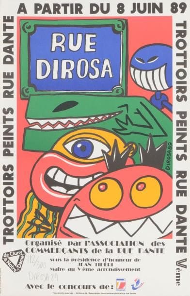 Hervé di Rosa (né en 1959)
Trottoirs peints, rue Dante. Affiche pour une exposition organisée par l’Association des commerçants de la rue Dante. 1898. Tirage offset. [358 x 558]. Impression en couleurs. Très belle épreuve sur vélin fort, l’une des 300 numérotées, signées et datées au crayon. Étiquette dans l’angle supérieur droit au verso.