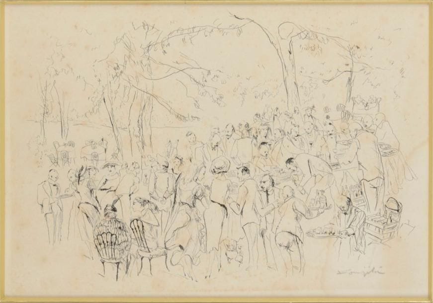 Léonard-Tsuguharu Foujita (1886-1968)
Pl. pour Vins, fleurs et flammes. À travers nos vignes. Paris, Bernard Klein éd., 1953. Eau-forte. [375 x 285]. Buisson 53.48. Belle épreuve sur vélin blanc, signée au crayon. Rousseurs claires et large auréole d’humidité dans le quart inférieur droit. Certificat de Mme Buisson dans l’angle inférieur droit au verso. Toutes marges. Cadre. 
