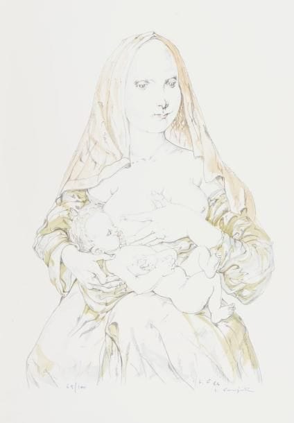 Léonard-Tsuguharu Foujita (1886-1968)
Maternité au voile rouge. 1964. Lithographie. 320 x 455. Impression en couleurs. Parfaite épreuve sur vélin blanc, numérotée et signée au stylo-bille. Certificat de Mme Buisson dans l’angle inférieur droit au verso et timbre de la vente Cornette de Saint-Cyr du 13 juin 2007, collection Kimiyo Foujita. Toutes marges. Tirage à 100 épreuves. 