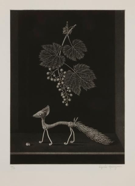Kiyoshi Hasegawa (1891-1980)
Le Renard et les raisins (Fables de la Fontaine). 1963. Manière noire. 270 x 360. Reifu-Syobo 327. Parfaite épreuve sur vélin blanc, numérotée et signée, titrée et datée en pied, revêtue du timbre sec de l’artiste. Toutes marges. Tirage à 80 épreuves. 