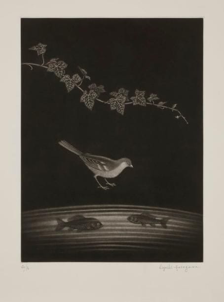 Kiyoshi Hasegawa (1891-1980)
Oiseau et poissons en sympathie. 1964. Manière noire. 270 x 360. Reifu-Syobo 341. Parfaite épreuve sur vélin blanc, numérotée et signée, titrée et datée en pied, revêtue du timbre sec de l’artiste. Toutes marges. Tirage à 70 épreuves. 