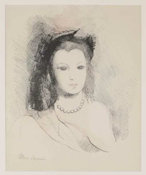 Marie Laurencin (1883-1956)
Jeune femme aux perles. 1956. Lithographie. 295 x 345. Marchesseau 288. Impression en couleurs. Très belle et fraîche épreuve sur vélin fort, signée au crayon. Petites traces d’oxydation au verso. Toutes marges. Tirage à 30 épreuves. 